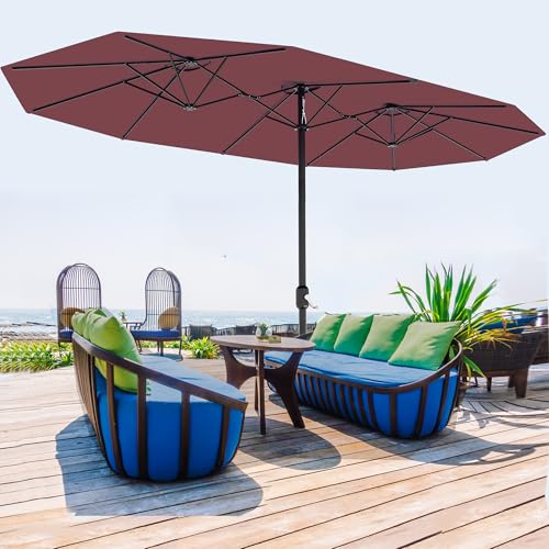 13FT Large Patio Umbrella, Double-Sided Outdoor Umbrellas with Fade Resistant Canopy for Deck Pool Garden Backyard, Wine Red