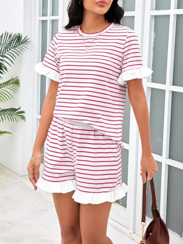 Image of Tankaneo Womens 2 Piece Striped Shorts Set Ruffle Short Sleeve Tops Hight Waist Shorts Matching Sets Summer Vacation Outfits
