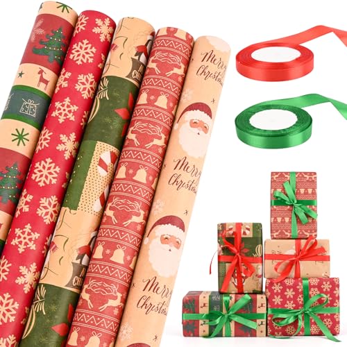 HOMIKLSA Geschenkpapier Weihnachten Santa 5 Rollen Geschenkpapier Kinder(43 cm x 300cm) mit Rote und grüne Weihnachtsbänder & Doppelseitiges Klebeband für Junge Mädchen Weihnachten Gastgeschenke