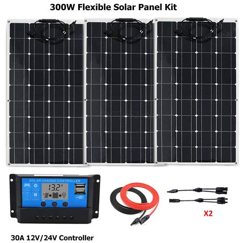 SISHUINIANHUA 300W Solar System Kit for Beginner Flexible Solar Cell Car/Yacht/Steamsh+30A LCD Solar Controller+Solar Cable +MC4 Connector