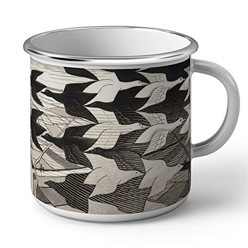  Tazza in metallo smaltato, motivo uccellini, litografia Escher, illusione ottica in bianco e nero