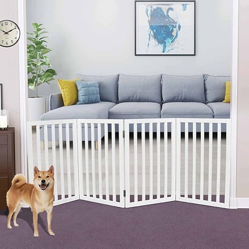 Image of Belief Foldable Wooden Pet Gate for Dogs & Cats - Indoor Safety Barrier for Doorways, Hallways & Stairs | Free-Standing, Portable White Dog Fence - 3 Panel, 60 cm Height (【4 Panels 】 78''W x 30''H)
