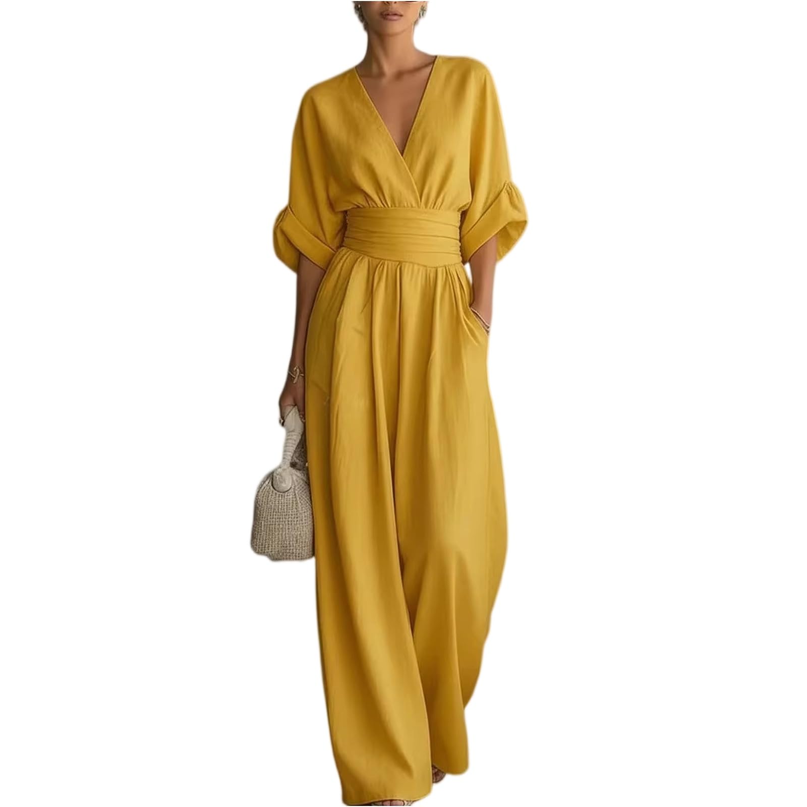 Combinaison Femme Demi-Manche Col en V Vetement Femme Combinaisons Taille Empire Unique Vintage Glamour Combinaison Pantalon avec Poches pour Travail Vacances Décontractée