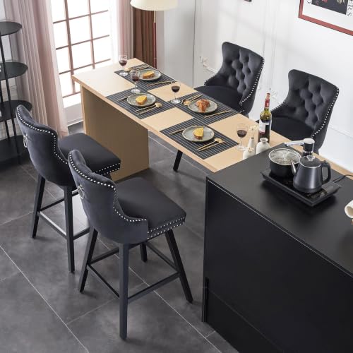 Image of Black Swivel Bar Stools, Velvet Counter Height Bar Stools Set of 5 | 360 Swivel Bar Chairs, Solid Wood Legs, Upholstered Kitchen Island Stools, Modern Extra Wide Seat (Black, 26 inch H, 5 Pack)