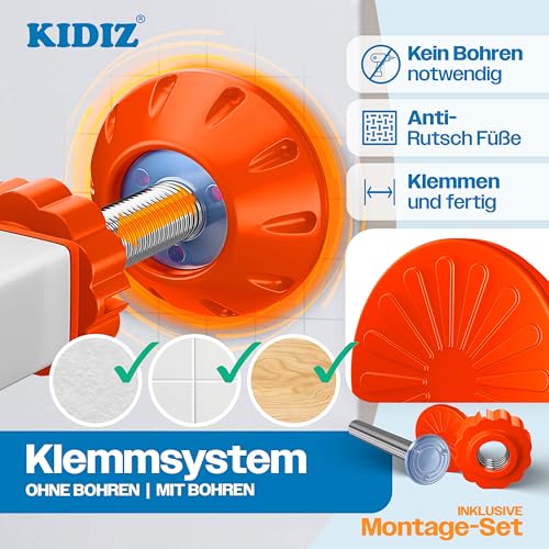 KIDIZ Absperrgitter zum Klemmen mit Katzenklappe, Türschutzgitter, Autoclose Kinder Treppengitter ohne Bohren | 90° Stopp Schutz, schwenkbar, Treppenschutzgitter, Weiß/Orange, Breite: 74-80 cm