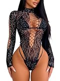 Buitifo Woman Sexy Lingerie Bodysuit Bodys Stocking Rhinestone Black M
