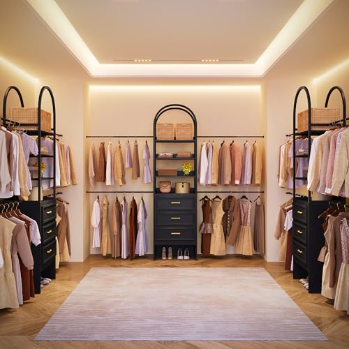 DWVO Closet Organizer System with Drawers, Heavy-Duty Arched Closet System with 4 Expandable Hanger Rods, 4 Shelves and 3 Drawers, Adjustable Walk-In Garment Rack for Bedroom Cloakroom