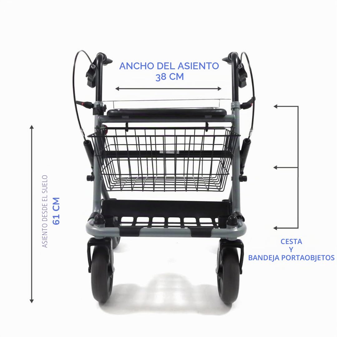 Andador andador para ancianos y discapacitados plegable y ajustable con 4 ruedas, rodillo con frenos de estacionamiento, asiento y cesta para exteriores e interiores, aluminio