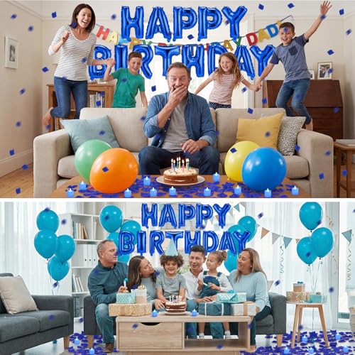 Image of Blue Happy Birthday Balloons Decorations Happy Birthday Letter Balloons Banner Set with 24pcs Round Flameless LED Candles and 2000pcs Artificial Rose Petals for Women Men Room Party Decor