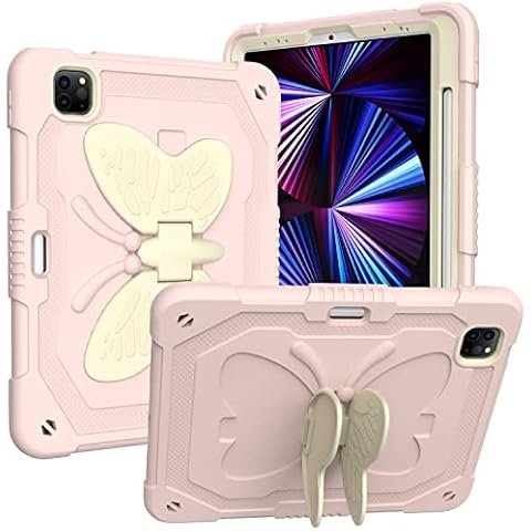 MONCAP Case for iPad Air 5th / 4th / 11th Generation (2022/2021) iPad Pro Case 11 Inch (3rd / 2nd Generation / 2018) iPad Air 10.9 Case Butterfly Stand Shoulder Strap, Beige Pink Cover