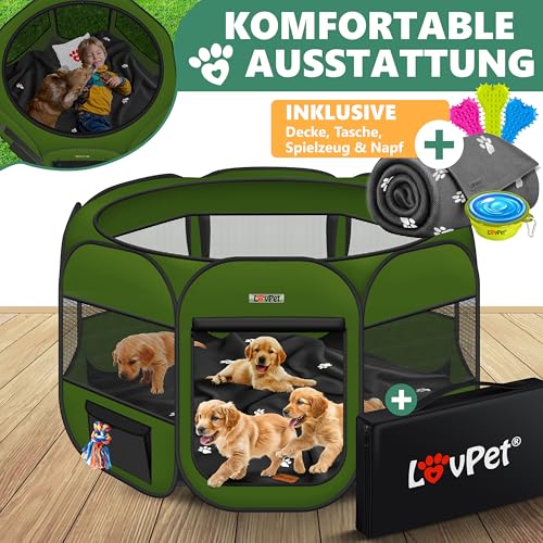 Lovpet® Welpenlaufstall Tierlaufstall Faltbar für Kleintiere Hunde, Katzen Inkl. Hundenapf und Fleece Decke Hundelaufstall Freigehege Oxfordgewebe Pop-up System Indoor & Outdoor, Khaki
