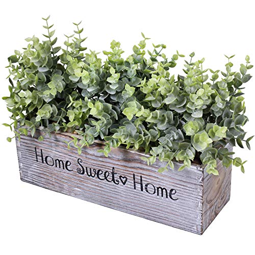 1 Pcs Wooden Potted Eucalyptus Plant Greenery Arrangement Artificial Eucalyptus Plant In Rectangular Wood Planter Box For Rustic Farmhouse Indoor Centerpiece Tabletop Window Sills Kitchen Shelf Decor #TOP2