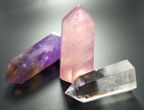 Set Of 3 Healing Stone Wands Of 3 Crystals, Rose Quartz, Clear Quartz, Amethyst, Pointed & Faceted Prism Bars For Reiki Chakra Meditation Therapy Deco #TOP1