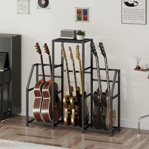 MAHANCRIS Guitar Stand, Multi Guitar Rack Stand for 7-10 String Instruments, for Acoustic Guitar, Bass, Electric Guitar, Ukulele, Banjo, Guitar Case, Record Player, for Music Studios, Black
