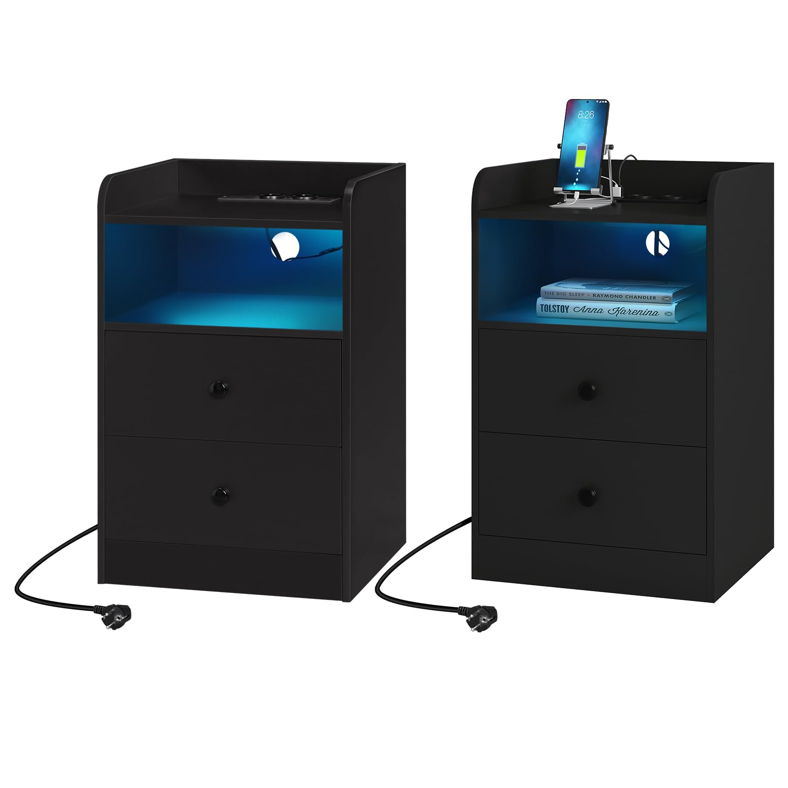 WOLTU 2X Mesita de Noche con Enchufes, Puertos USB y Luz LED, Mesa Auxiliar Cajones y Estante Almacenaje, Mesa de Centro Estrecha, Mesilla de Sofá Paneles Clase E1 Duraderos, Negro, NTS07sz-2