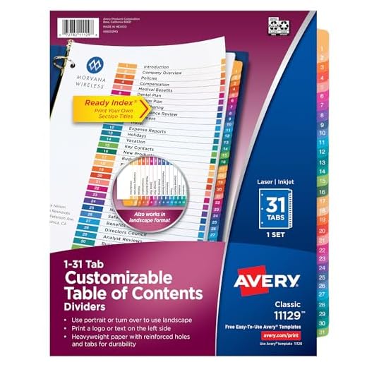 AVERY 31-Tab Dividers for a 3 Ring Binders, Customizable Table of Contents, Multicolor Tabs, 1 Set (11129)