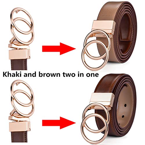 Beltox Women Belt Leather 1.3” Reversible 2 in 1 Rotated 2 Rings Gold Buckle2