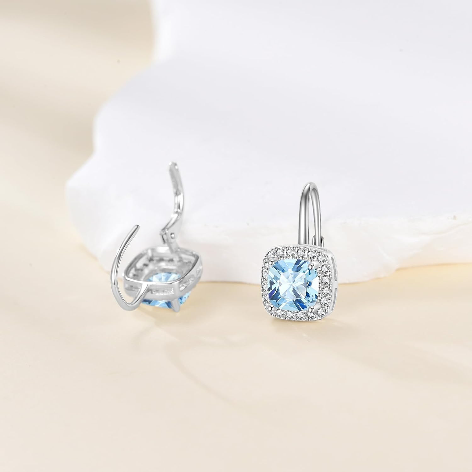 Cushion Cut Halo Earrings Solid 925 Sterling Silver Hypoallergenic Classic Square 7mm CZ Leverback Birthstone Earrings Jewelry Gifts for Women - Image 4