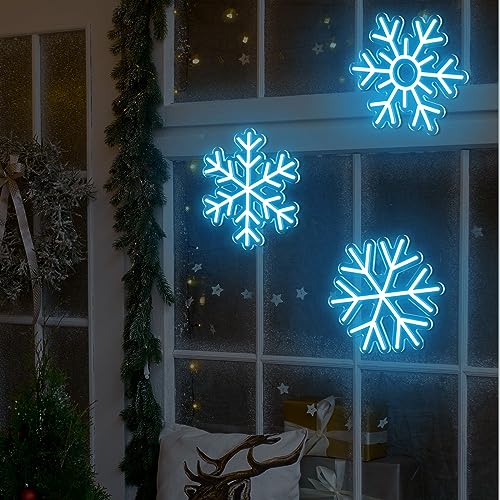 Image of Treela 3 Pcs Christmas Neon Sign Blue Snowflake Lights Decorations