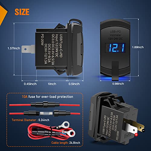 Image of Nilight Rocker Switch Style PD Type C and USB Outlet LED Voltmeter | Quick connector 12V QC 3.0 Cars Charger Replacement with Inline Fuse for Switches Panel on Boats RV Truck Car