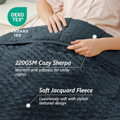 Image of Mr. Sandman Weighted Blankets for Adults Queen Size 20lbs, Warm Sherpa Fleece Throw Blanket for Sleep and Calm, Soft Cozy Heavy Bed Blanket with Jacquard Flannel, 60 x 80 Inches, Midnight Blue