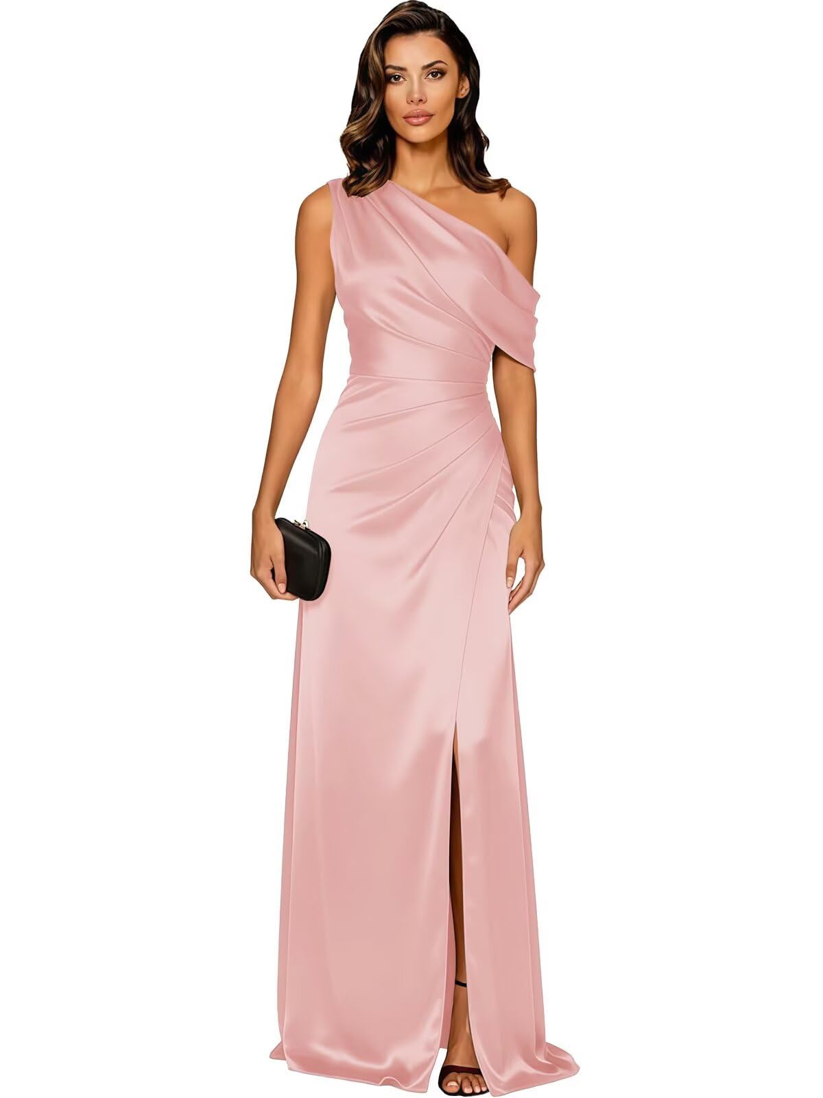 Damen Einschulter Satin Abendkleid Lang Brautjungfernkleider Maxi Festlich Elegant Festkleid Für Hochzeit Mit Schlitz