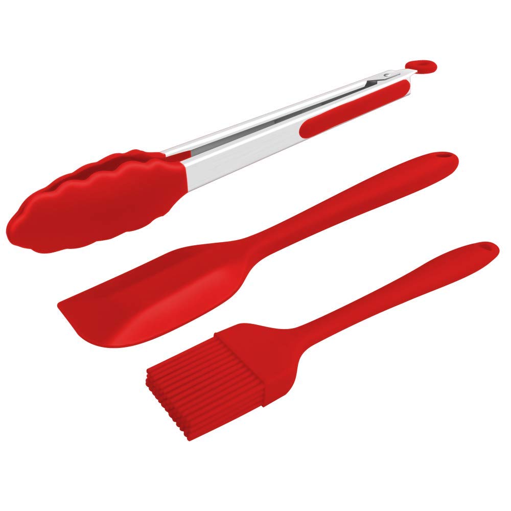 (UPGRADED) MarMmy 3 Pack Kitchen Locking Food Tongs Stainless Steel Silicone Spatula Brush BBQ Grill Baking Cooking Turners Heavy Duty Non Stick Heat Resistant (Up to 600°F) & BPA Free Red