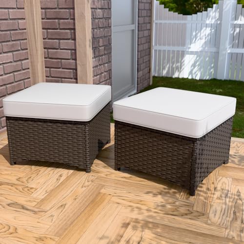 EAGLE PEAK Azure Bay 2 Piece Wicker Patio Ottoman Set Weather-Resistant Cushions for Patio Deck Backyard Poolside, Brown/Beige