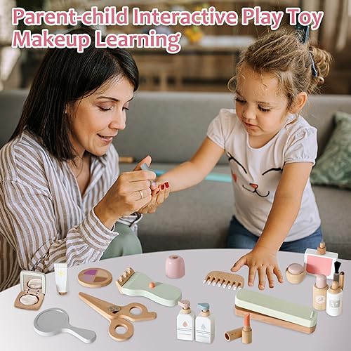 Image of 22PCS Wooden Makeup Toy Set,Toddler Makeup Kit,Cute Fake Makeup Accessories with Storage Bag,Non-Toxic Pretend Roleplay Beauty Salon Toy,Kid Gift for Girl Boy 3 4 5 6(Verified by Transparency)