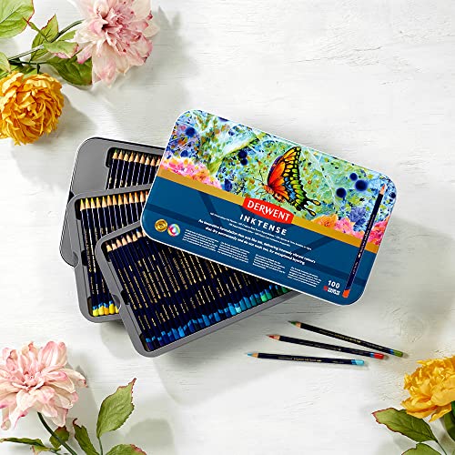 Image of Derwent Inktense Pencils Art Set, 100 Permanent Watercolor Pencils Set in Tin, Premium Colored Pencils for Adults, Water-Soluble Indelible Pencil Collection, 4mm Core, Professional Quality