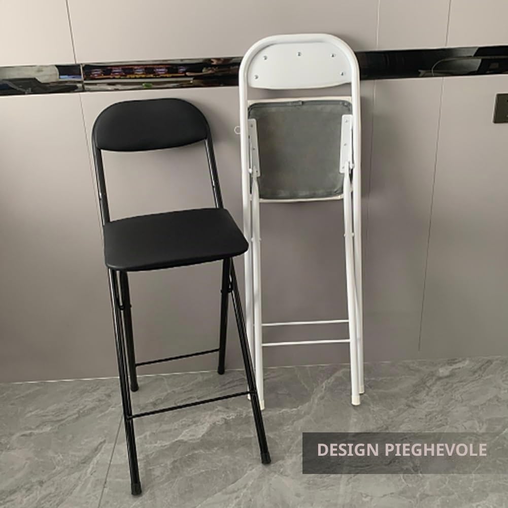 Sgabello Alto Pieghevole Imbottito 65cm con Schienale, Sedia da Bar Richiudibile 70cm con Poggiapiedi per Cucina, Ufficio, Negozio(White,65cm/26in)