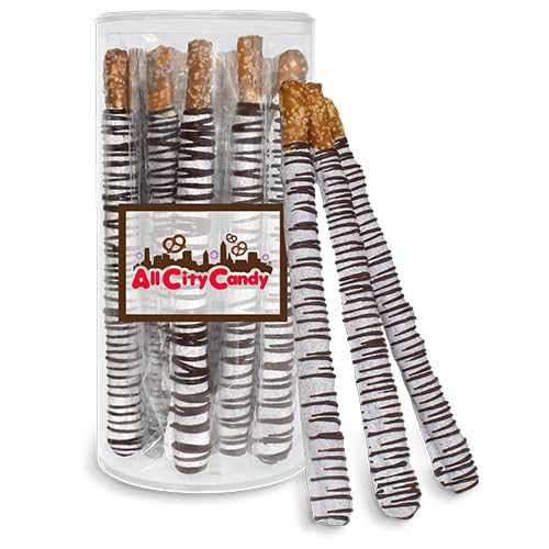 All City Candy Cookies and Cream Pretzel Rods, Hand-Dipped in White Chocolate with Crushed Sandwich Cookies, Milk Chocolate Drizzle, Individually Wrapped, Clear Gift Canister, 12 Pieces, Gift Ready, Home snacking or Hostess gifts