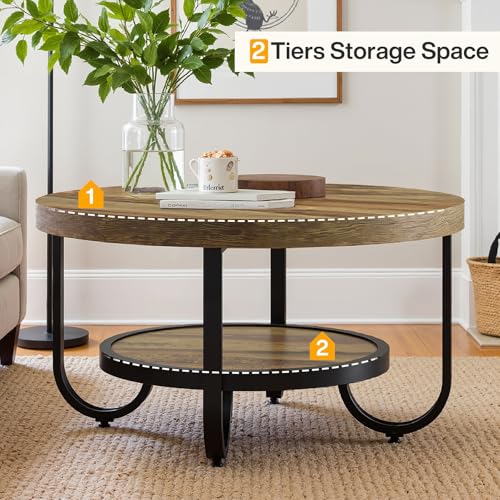 Tribesigns 2-Tier Round Coffee Table with Storage Shelf for Living Room, 31.1-Inch Centre Cocktail Table with Sturdy Curved Metal Legs, Easy Assembly, Brown - Image 7