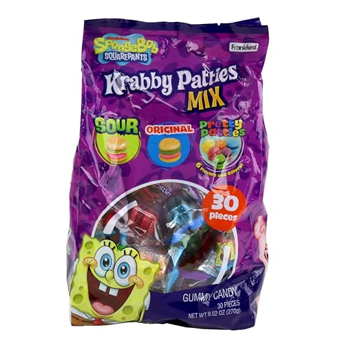 SpongeBob SquarePants Krabby Patties Gummy Assorted Halloween Candy Mix, Including Sour, Original, Pretty Patties Flavors, 30 Pieces, 9.52 oz