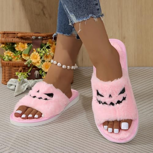 Halloween Slippers For Women 2025 Spooky Slides Lantern Pumpkin Soft Plush Cozy Open Toe Indoor Outdoor Fuzzy Holiday Slipper For Girlfriend2