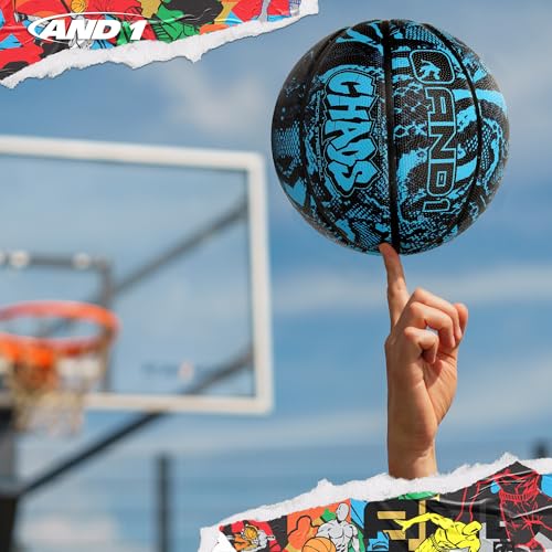 Image of AND1 Chaos Basketball & Pump (Jungle Series)- Official Size 7 (29.5 inch) Streetball, Made for Indoor and Outdoor Basketball Games (Blue /Black)
