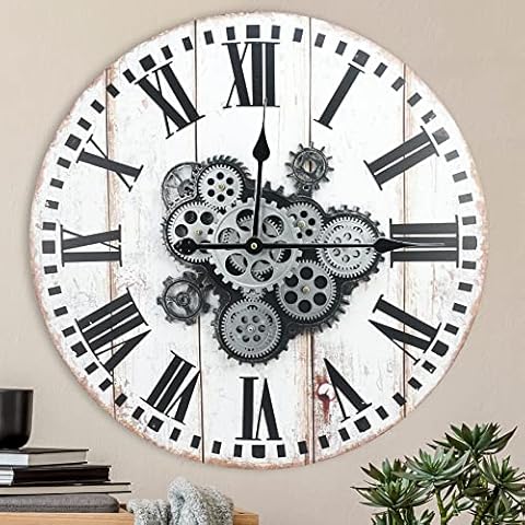 TOKTEKK 24 inch Large Decorative Wall Clock with Real Moving Gears, Battery Operated Retro Roman Numeral Clock, Easy to Read for Living Room/Farmhouse/School Decor (Rome White) Cover