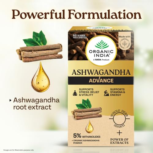 Image of Organic India Ashwagandha Advance Capsules, 60 Veg Capsules, 5% Withanolides, With Organic Ashwagandha Root Powder, Stress Relief, Energy & Vitality Support