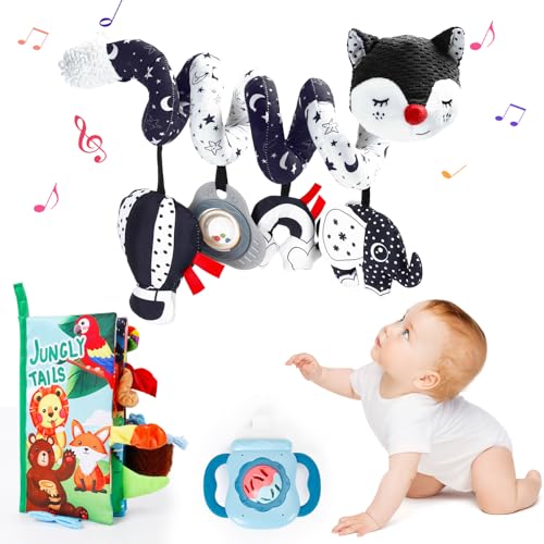 Image of ELBVLADV 3 Pcs Infant Toys 0-6 Months Kit, Car Seat Toys & Stroller Toys & Black and White Baby Toys, Sensory Crinkle Books for Babies, Baby Teething Toys & Baby Rattle, Newborn Baby Toys Gifts