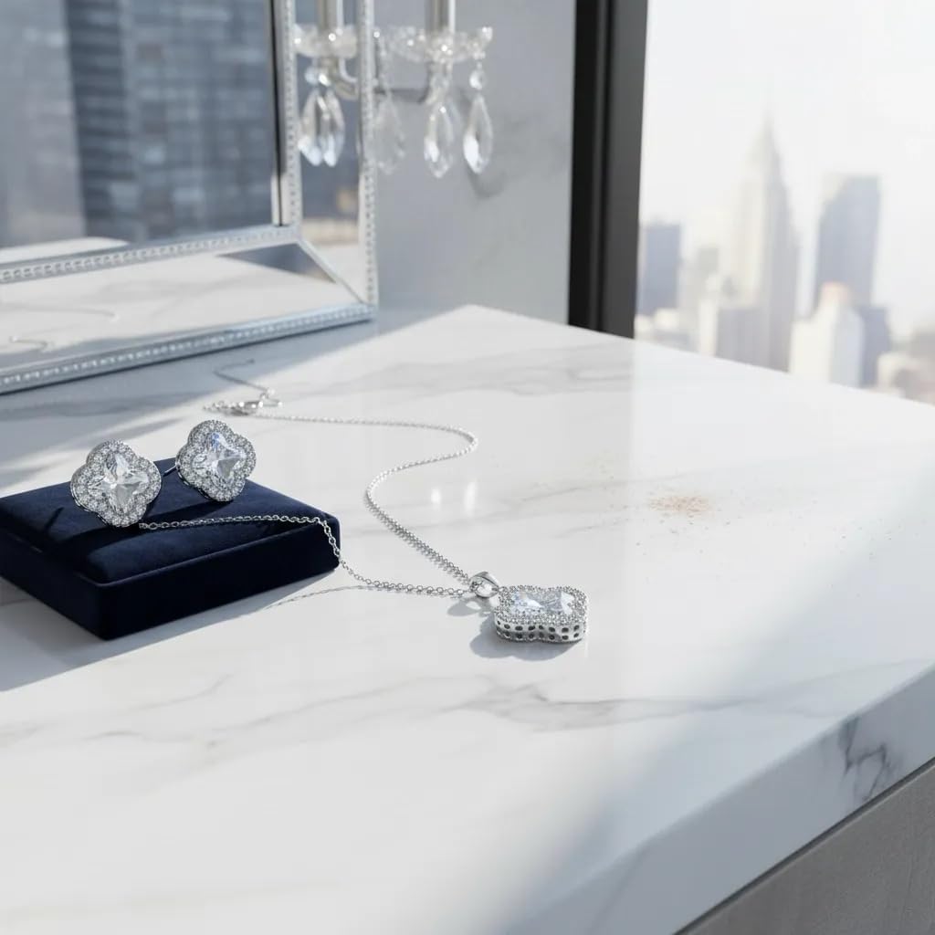 Four Leaf Clover Necklace and Earrings Set for Women, Clover Jewelry Set with Pendant Necklace and Stud Earrings, Brilliant Cubic Zirconia, Polished Metal Setting, Hypoallergenic, & Lightweight - Image 5