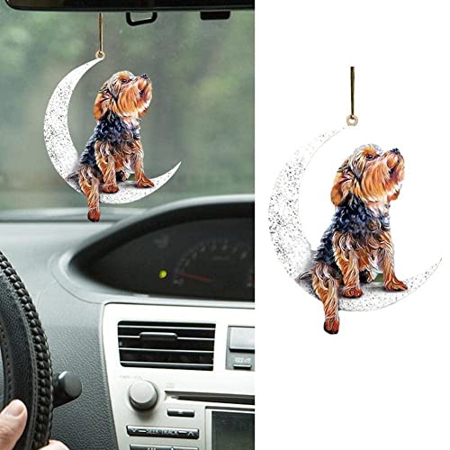 Car Rearview Mirror Pendant Dog Pendant Sitting On The Moon Cute Teddy Puppy Hanging Christmas Keychain Ornament Decor Pendant #TOP2