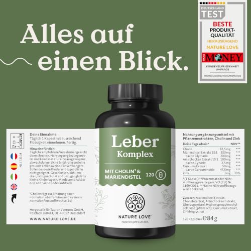 NATURE LOVE Leber Komplex - 120 Kapseln - 80% Silymarin, Cholin & Zink