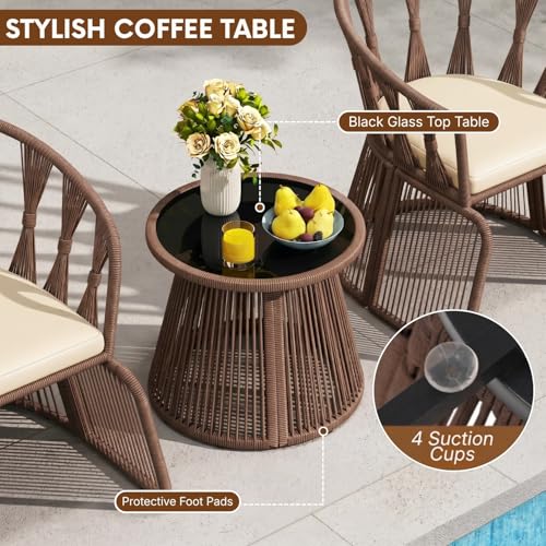 Image of DEVOKO Outdoor Rope 3-Piece Patio Furniture Set with Cushions & Glass Top Table, All-Weather Balcony Chairs Set for Garden & Lawn (Brown & Cream)