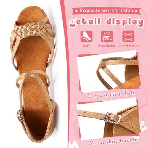 YKXLM Girls Latin Dance Shoes Kids Low Heels Tango Salsa Ballroom Practice Dance Shoes, 1208,Beige, 6 M Little Kid3