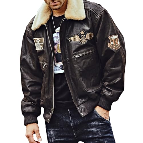 Image of FLAVOR Men's Real Leather Bomber Jacket with Removable Fur Collar Aviator