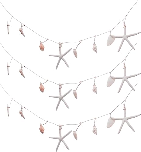 Guirnalda blanca lavada con estrellas de mar y conchas marinas, decoración inspirada en la costa, decoración para colgar en la pared, juego de 3, 31