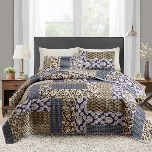 2 Pieces Patchwork Quilt Set Twin Size, Khaki Blue Floral Farmhouse Bedspread Coverlet Set, Soft Microfiber Reversible Lightweight Bed Cover for Kids (68