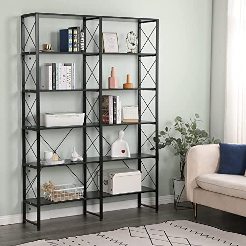 Mellcom Double Wide 6-Tier Bookshelf, Industrial Open Large Bookcase, Wood And Metal Tall Bookshelves For Living Room Bedroom Office, Black #TOP1