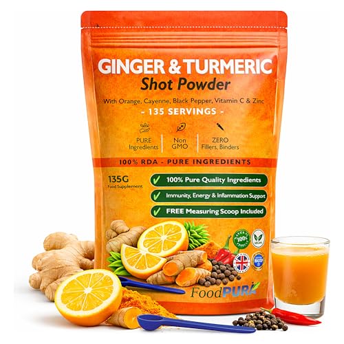 FoodPURA 135g Ginger & Turmeric Shot Drink Powder 135 Servings with Orange Cayenne Black Pepper Vitamin C & Zinc 100% RDA Natural Supplement No Added Sugar Immunity Energy & Inflammation Support