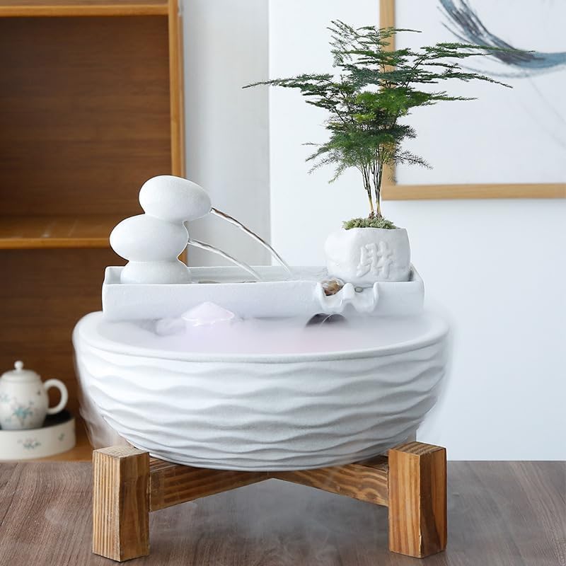 Fuente decorativa de jardín, fuente de agua con cascada, de cerámica, diseño de bambú, con iluminación LED, función humidificadora, bomba de agua, Zen, decoración para salón, oficina, jardín, Blanco